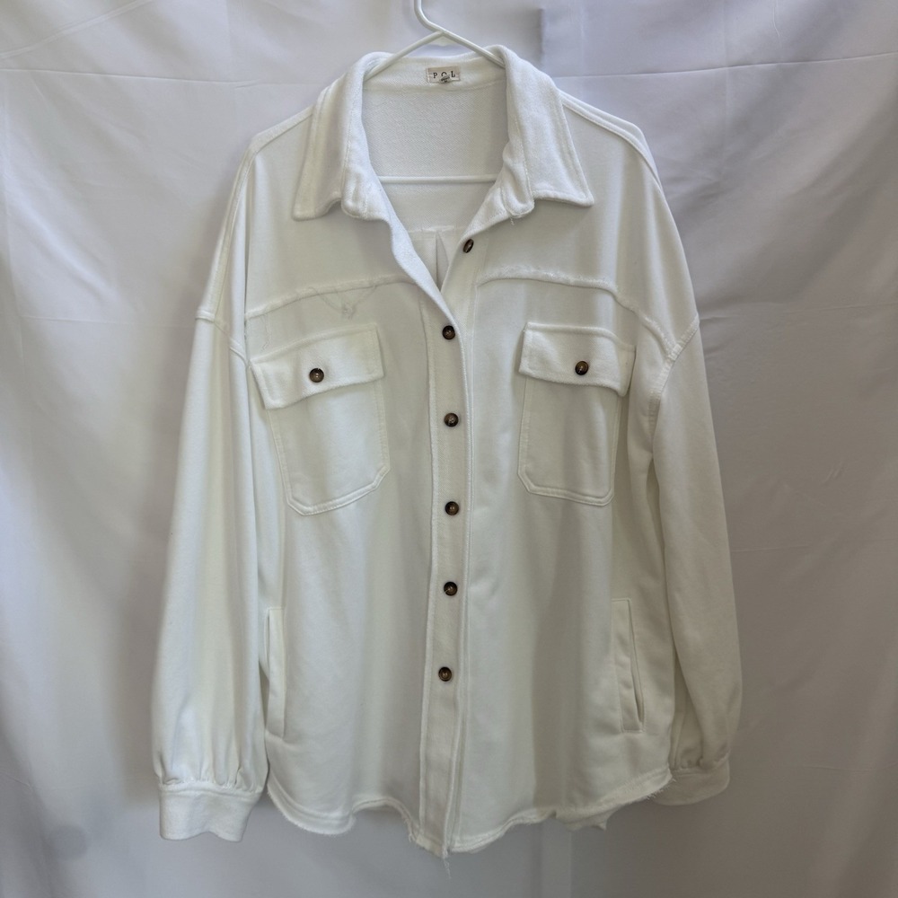 POL White Distressed Button Down Shirt Jacket Shacket Oversized Women's Size L